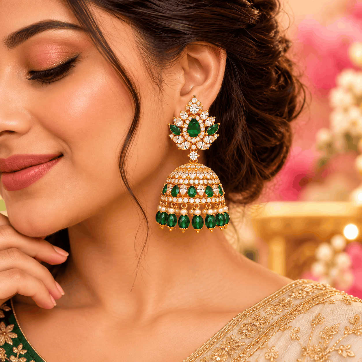 elegant green and gold jhumka portrait (1) chennaifashionjewels Earrings