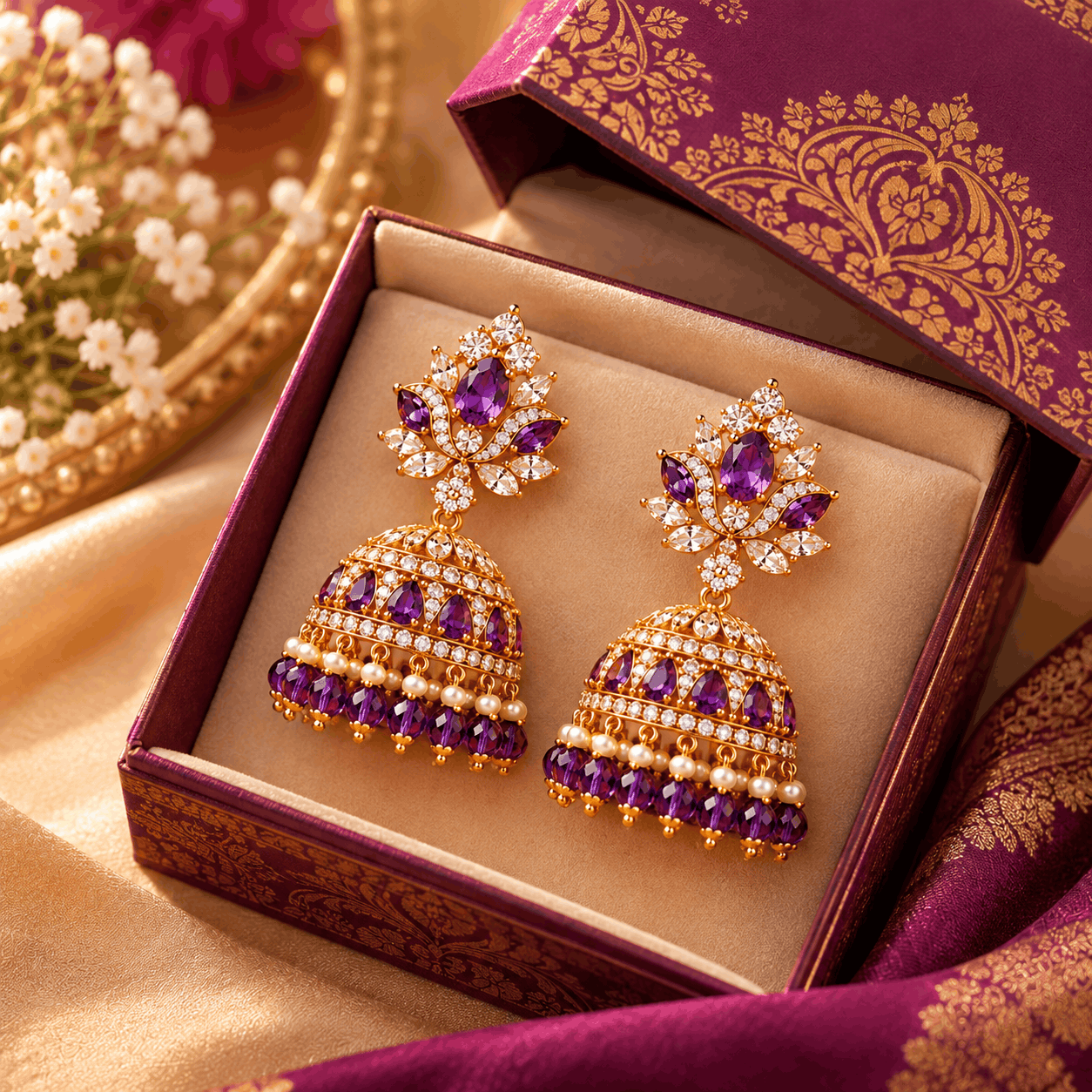 luxurious purple and gold jhumka gift box (1) luxurious purple and gold jhumka gift box (1)