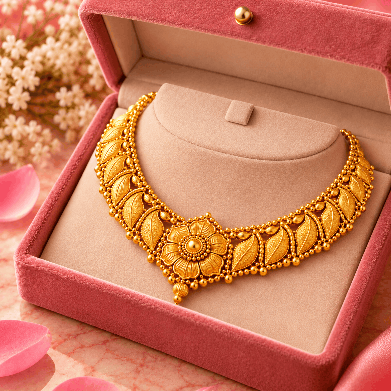 ornate gold necklace in velvet box (1) chennaifashionjewels Necklace