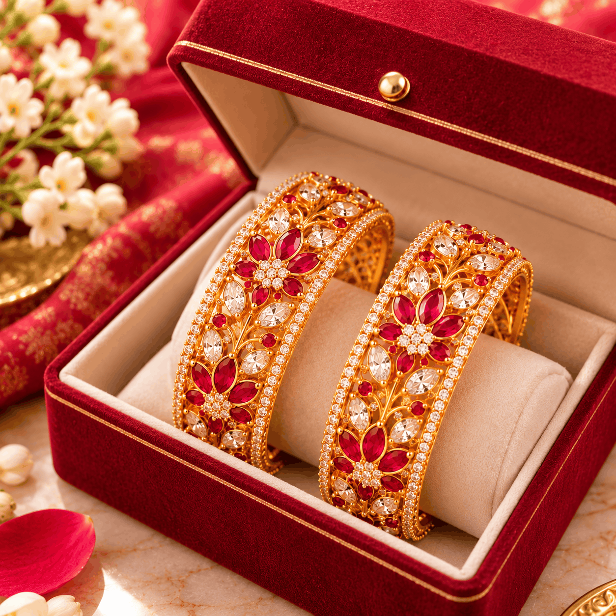 ornate ruby studded gold bangles in velvet box (1) chennaifashionjewels Bangles